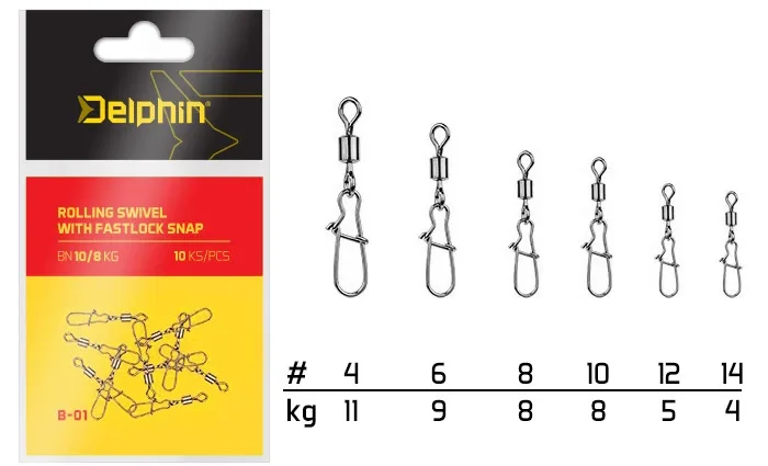 Delphin Obratlík S karabinkou Rolling Swivel with Fastlock Snap 10ks Nosnost: 8kg, Velikost: 8