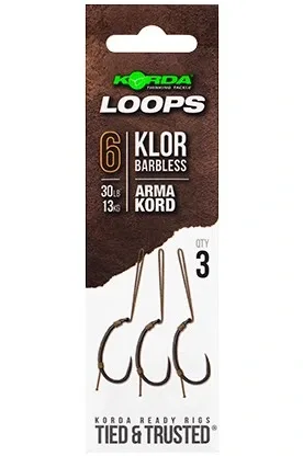 Korda Hotové Montáže Loop Rigs Klor Barbless 30lb Nosnost: 30lb, Velikost háčku: #6