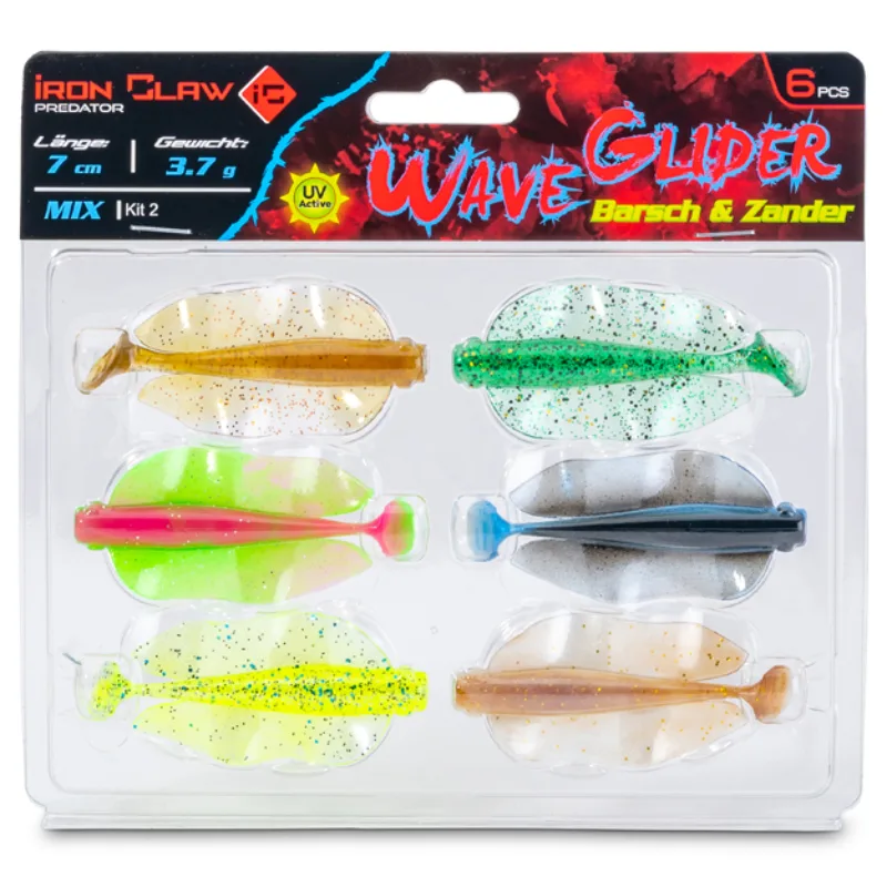 Iron claw gumová nástraha wave glider mix kit 2 barsch & zander 7 cm 3,7 g 6 ks