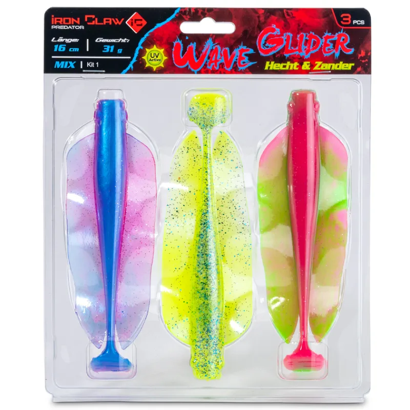 Iron claw gumová nástraha wave glider mix kit 1 hecht & zander 16 cm 31 g 3 ks