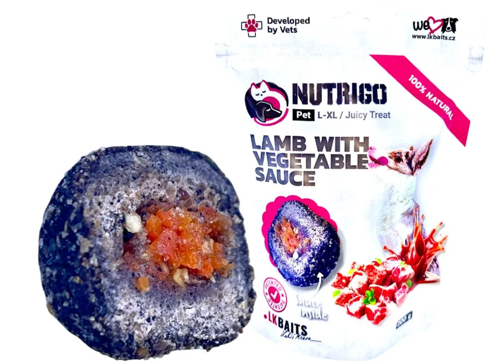 LK Baits Pet Pamlsek Nutrigo Dog Jehněčí se zeleninovou omáčkou - L-XL 200g – LK Baits PETs