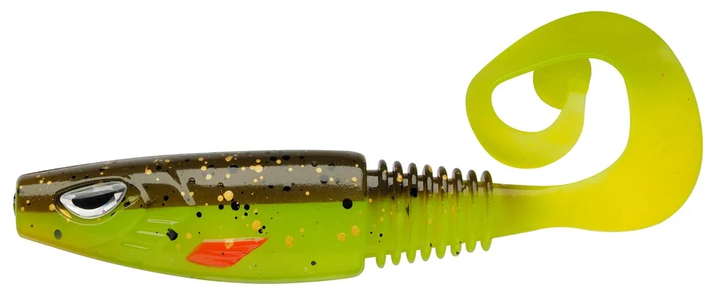Berkley gumová nástraha sick curl brown chartreuse - 8 cm