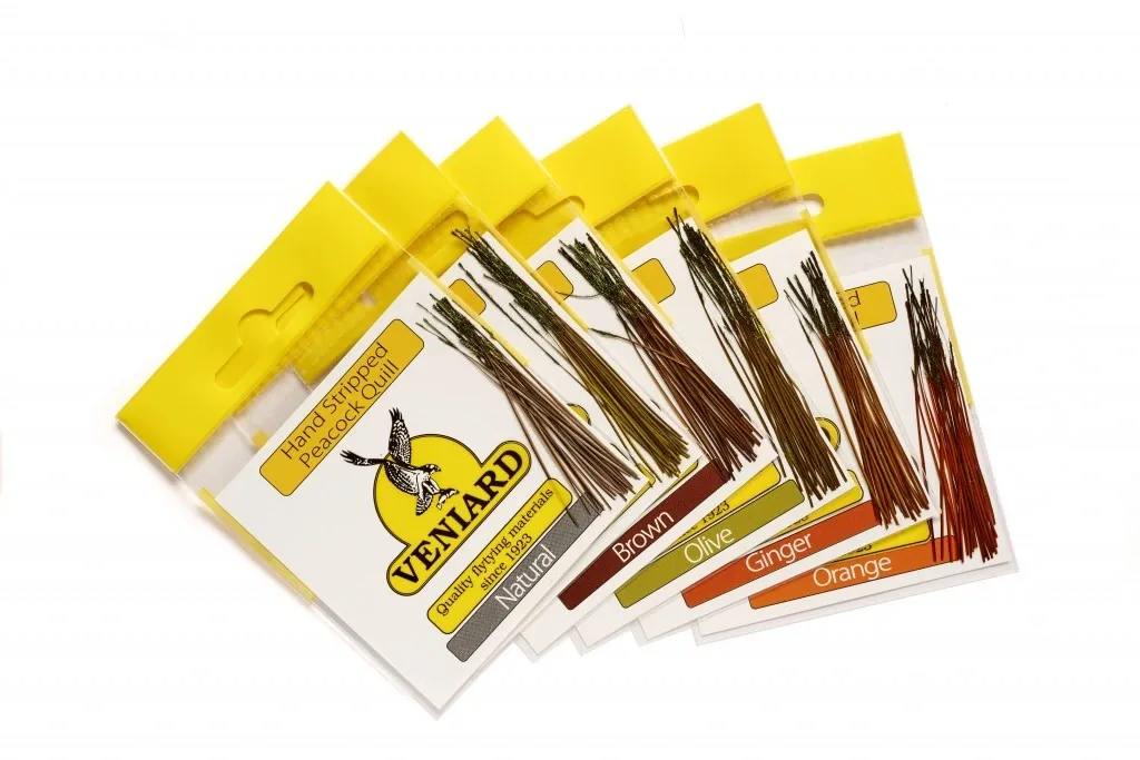 Veniard Obrané Paprsky z Páva Hand Stripped Peacock Quills Brown