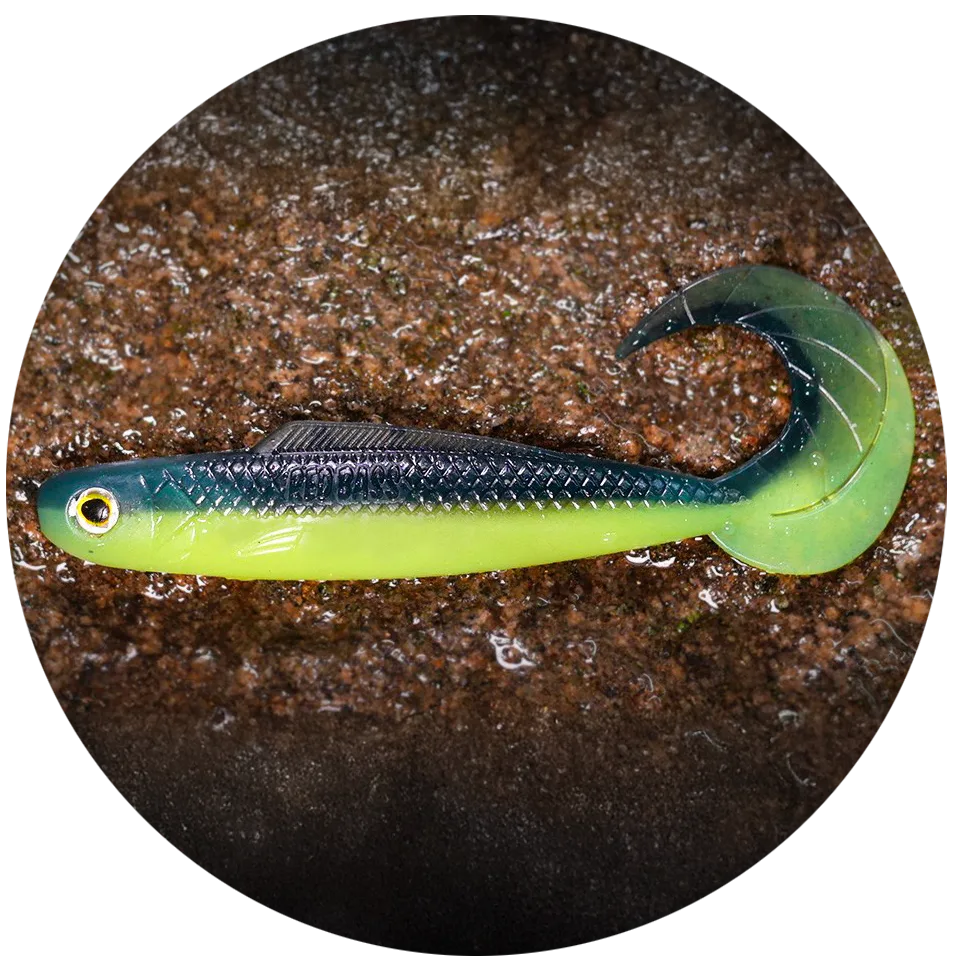 Redbass gumová nástraha twister kixter dark/signal yellow uv - s 70 mm