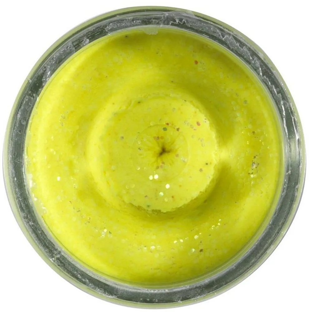 Berkley těsto na pstruhy natural glitter troutbait česnek - třpytivá sluničkově žlutá