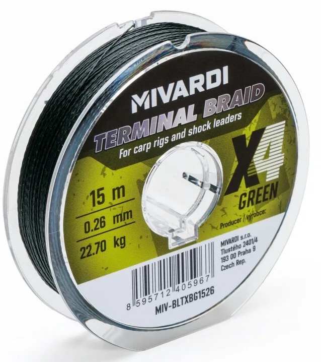 Mivardi pletená šňůra terminal x4 braid green 15 m - 0,26 mm 22,7 kg
