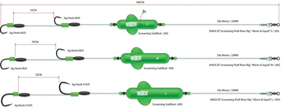 MadCat Hotový Návazec Svreaming Profi River Rigs "Worm & Squid" Velikost: L-60 g