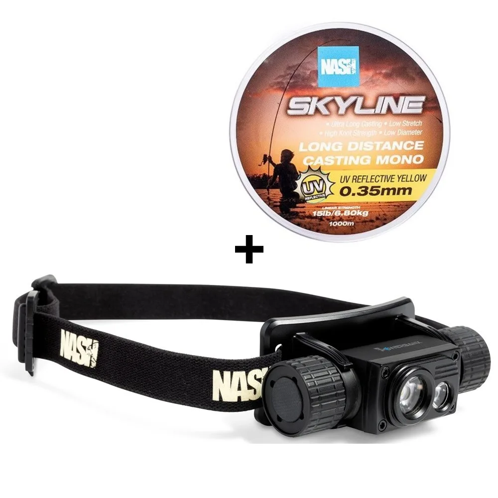 Nash čelovka powerbanx uv headtorch + vlasec skyline mono uv yellow 1000 m 0,30 mm 5,44 kg