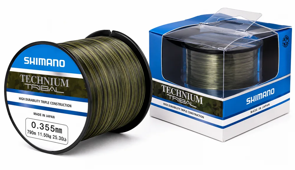 Shimano vlasec technium tribal a mono camou - průměr 0,355 mm nosnost 11,5 kg návin 790 m