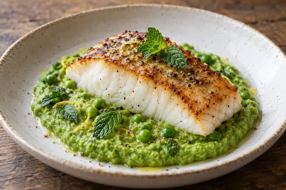 Halibut s hráškem a mátou